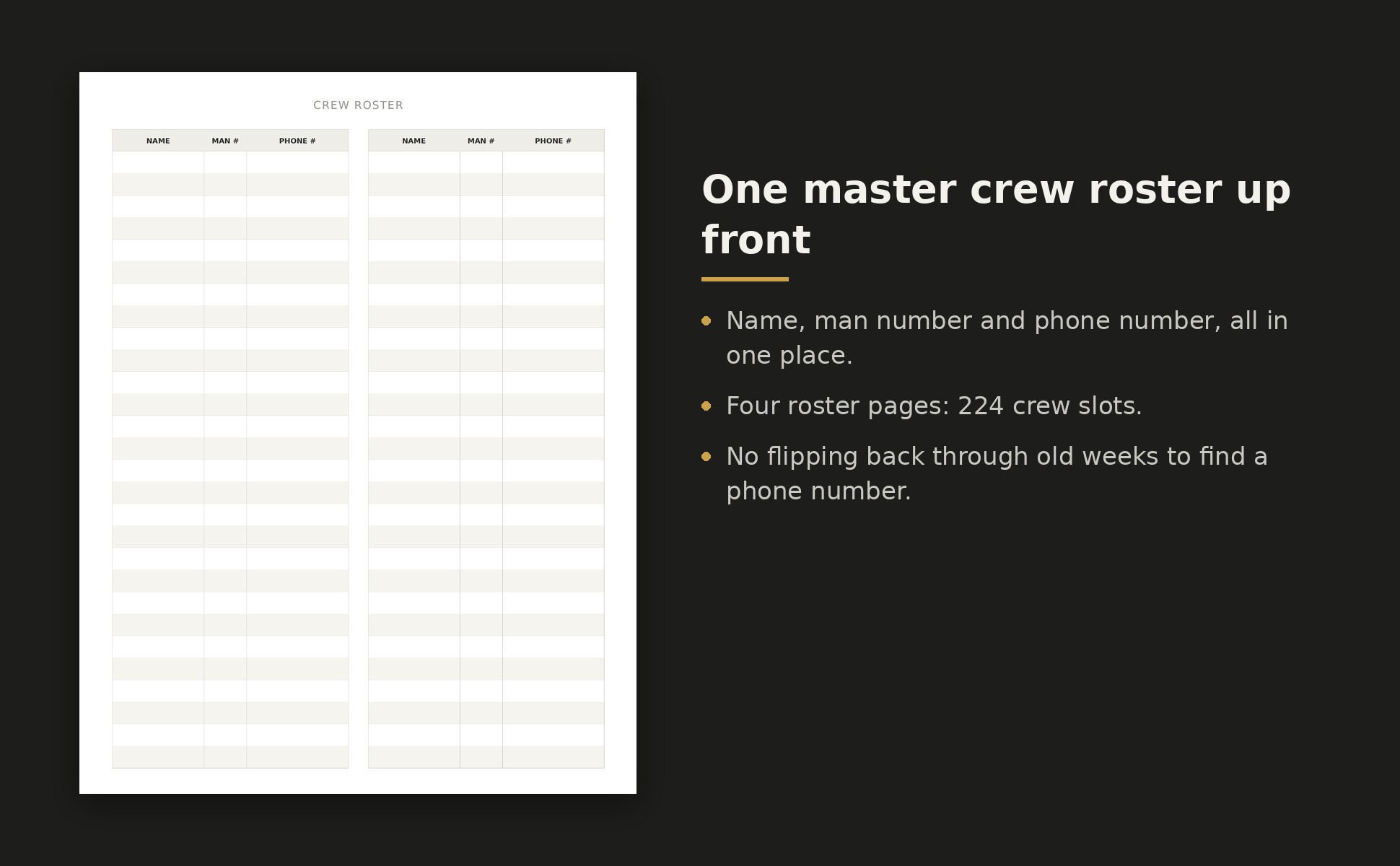The crew roster page at the front of the book.